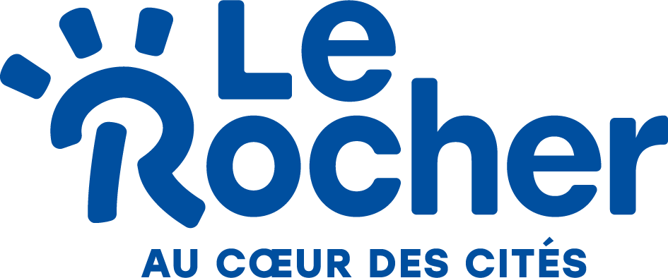 logo du Rocher Oasis des cités : trois immeubles devant lesquels se tiennent 5 personnages