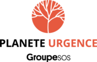 Sous une arbre blanc sur un fond orange, logo de la Planète urgence